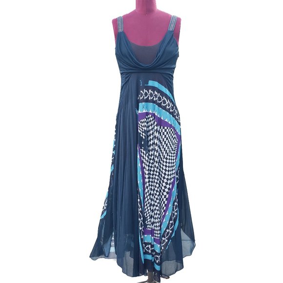 Vintage Fuzzi Maxi Dress Medium Multi Blue Geometric Cowl Neck Stud Straps